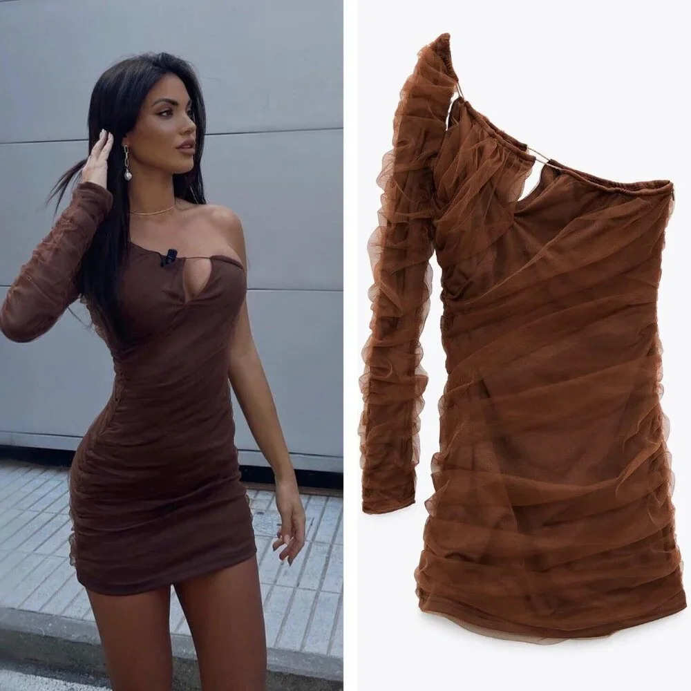 Zara Cut Out Tulle One Sleeve Mini  Dress Brown Size Small
